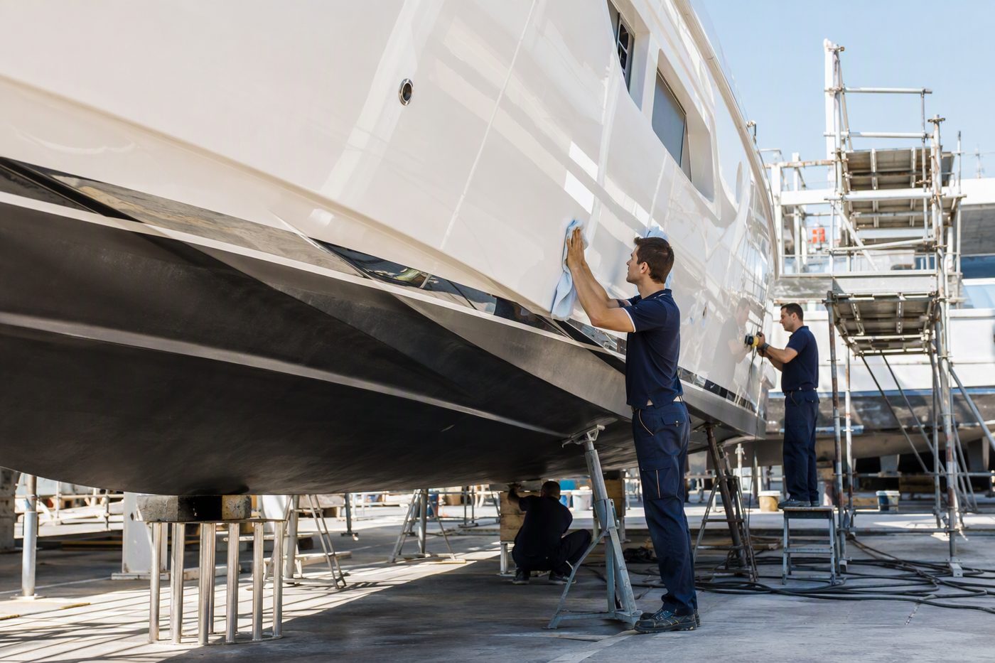 Technicians performing professional maintenance on a yacht hull in dry dock