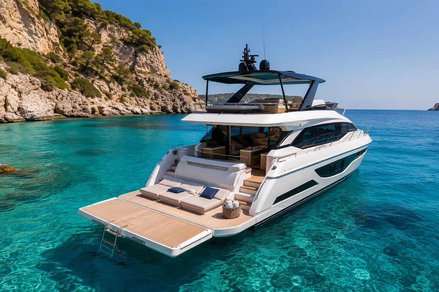 Luxury motor yacht anchored in a turquoise bay available for rental