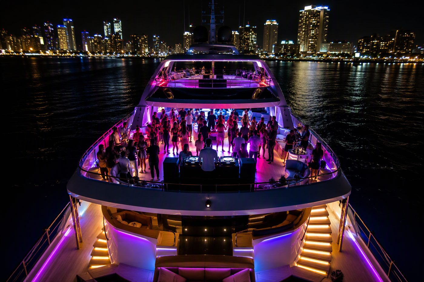 Neon Tide — luxury party yacht at night with colorful LED deck lighting, dance floor and DJ booth