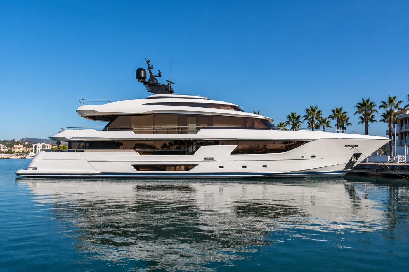 Brand new luxury superyacht moored in an exclusive marina for sale