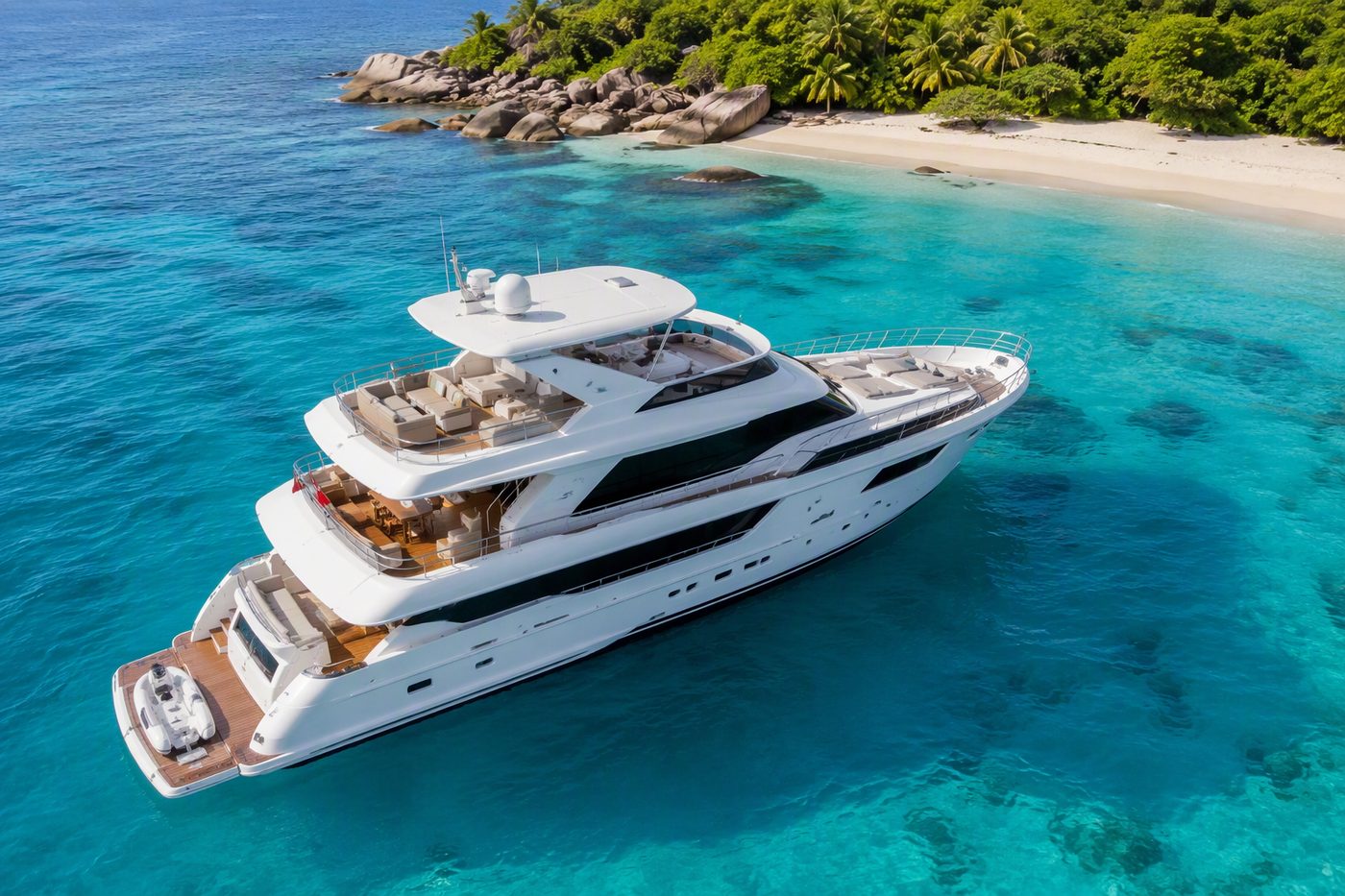 Coral Majesty — premium flybridge motor yacht at anchor near a tropical island