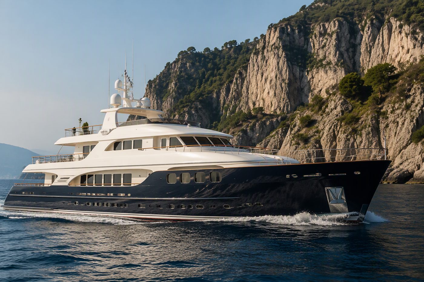 Midnight Sovereign — classic luxury motor yacht with dark navy hull cruising a coastline