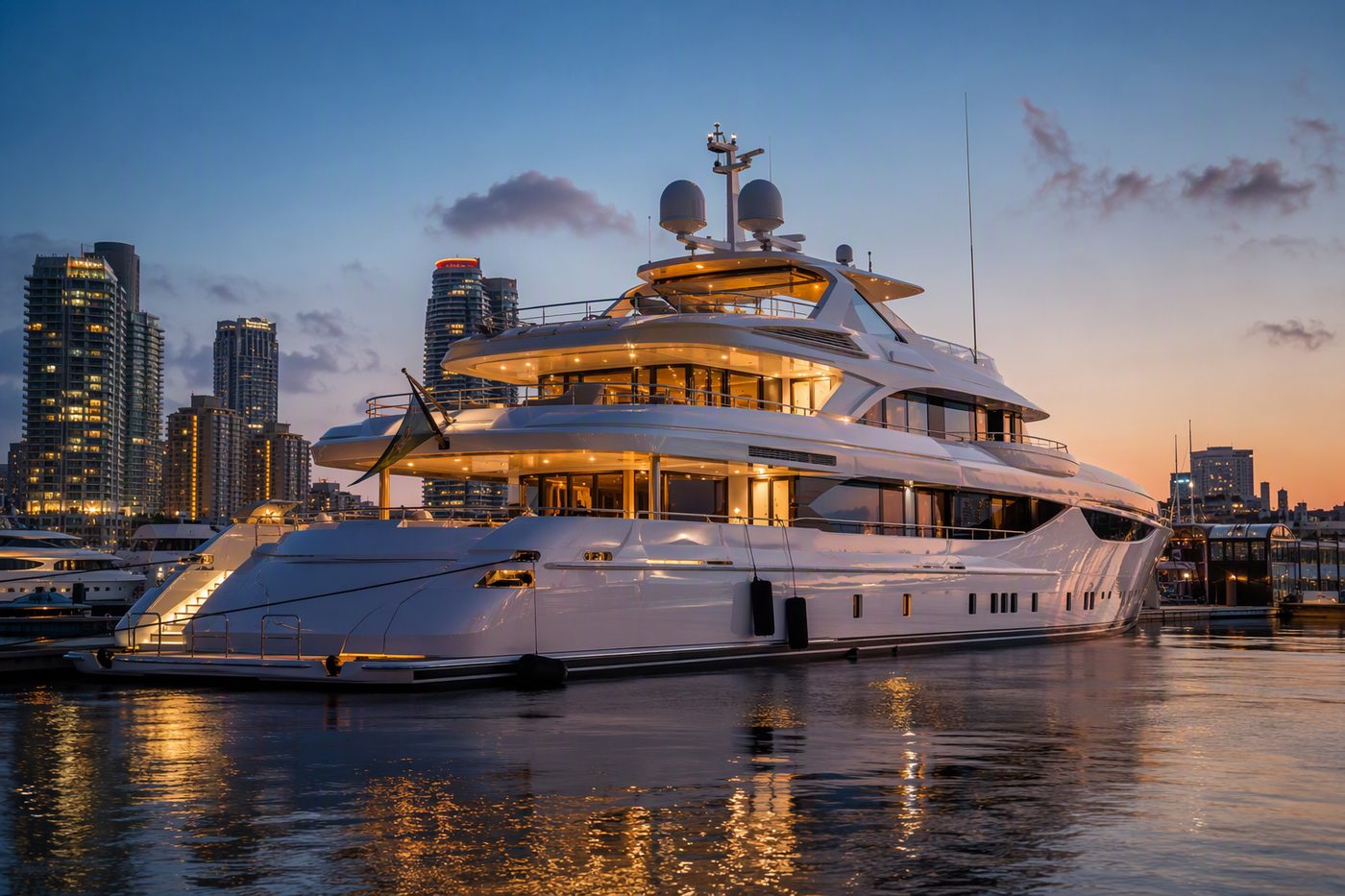 Celestial Monarch — majestic tri-deck mega yacht glowing at dusk in a superyacht marina